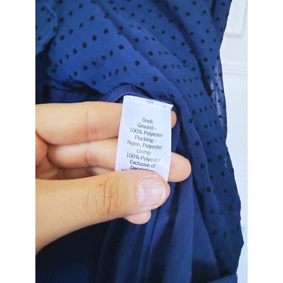 LC Lauren Conrad Long Wrap Flocked Maxi Dress S Polka Dot Blue Academia Twee - Picture 7 of 9